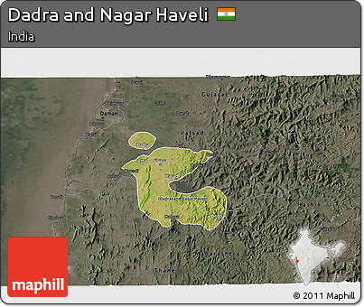 Satellite 3D Map of Dadra and Nagar Haveli, darken, semi-desaturated