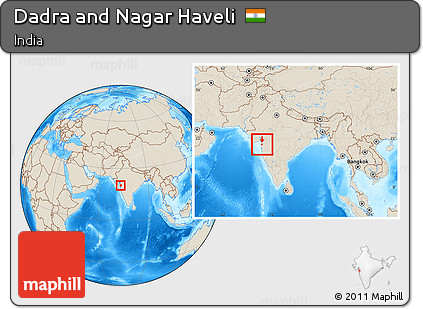 Shaded Relief Location Map of Dadra and Nagar Haveli, within the entire country
