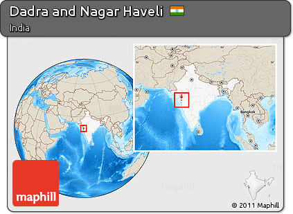 Shaded Relief Location Map of Dadra and Nagar Haveli, highlighted country, within the entire country
