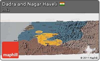 Political Shades Panoramic Map of Dadra and Nagar Haveli, darken, semi-desaturated
