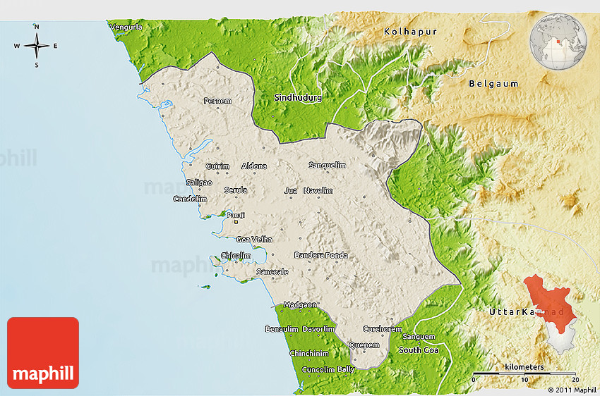 Shaded Relief 3D Map of North Goa, physical outside