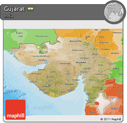 Satellite 3D Map of Gujarat, political shades outside