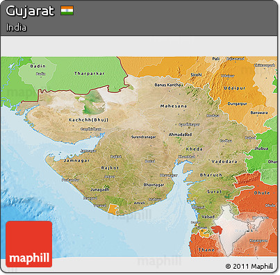 Satellite 3D Map of Gujarat, political shades outside