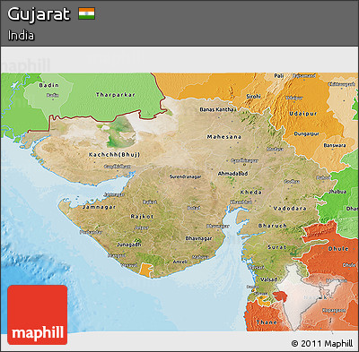 Satellite 3D Map of Gujarat, political shades outside