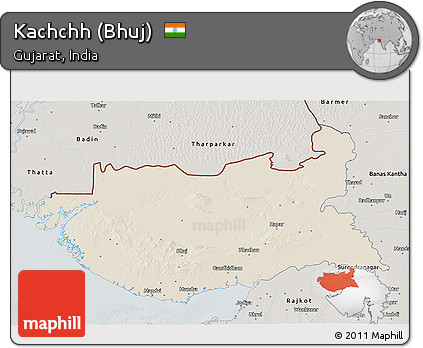 Shaded Relief 3D Map of Kachchh (Bhuj), semi-desaturated