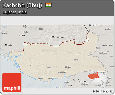 Shaded Relief 3D Map of Kachchh (Bhuj), semi-desaturated