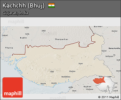 Shaded Relief 3D Map of Kachchh (Bhuj), semi-desaturated