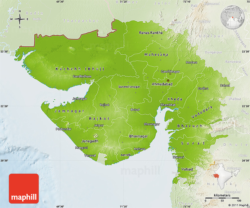 Physical Map of Gujarat, lighten