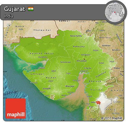 Physical Map of Gujarat, satellite outside