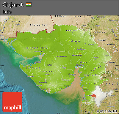 Physical Map of Gujarat, satellite outside