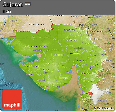 Physical Map of Gujarat, satellite outside