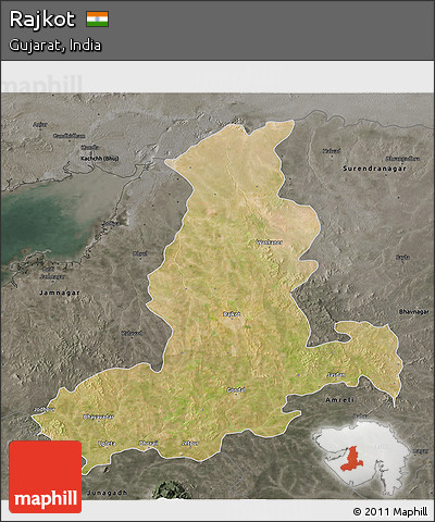 Satellite 3D Map of Rajkot, darken, semi-desaturated