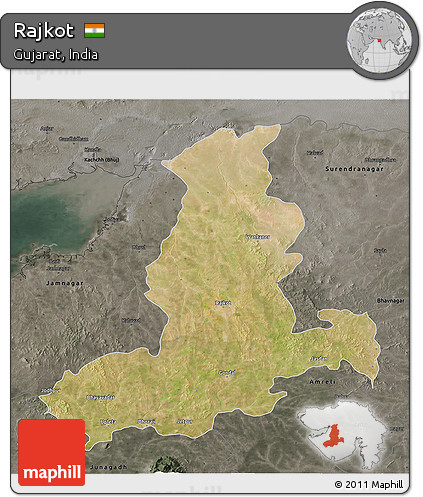 Satellite 3D Map of Rajkot, darken, semi-desaturated