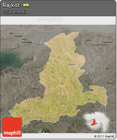 Satellite 3D Map of Rajkot, darken, semi-desaturated