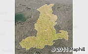 Satellite 3D Map of Rajkot, darken, semi-desaturated