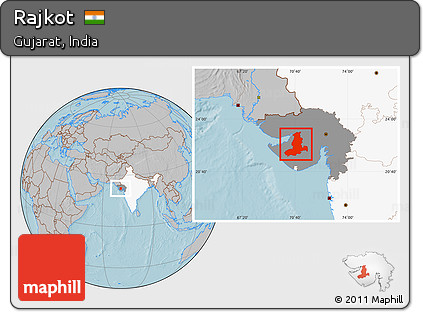 Gray Location Map of Rajkot, highlighted country, highlighted parent region, hill shading