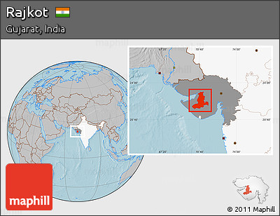 Gray Location Map of Rajkot, highlighted country, highlighted parent region, hill shading