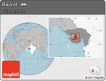 Gray Location Map of Rajkot, highlighted country, highlighted parent region, hill shading