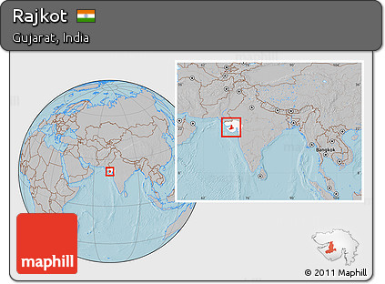 Gray Location Map of Rajkot, highlighted parent region, within the entire country, hill shading