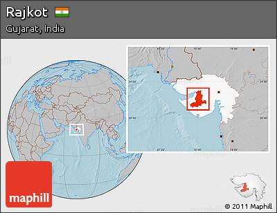 Gray Location Map of Rajkot, highlighted parent region, hill shading