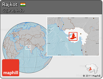 Gray Location Map of Rajkot, highlighted parent region, hill shading