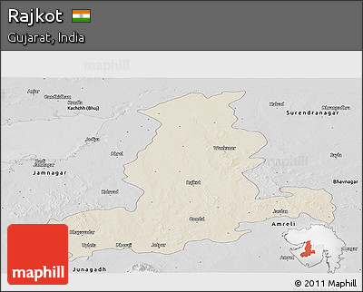 Shaded Relief Panoramic Map of Rajkot, desaturated