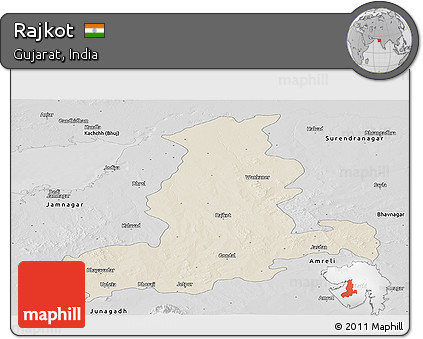 Shaded Relief Panoramic Map of Rajkot, desaturated