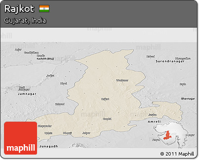 Shaded Relief Panoramic Map of Rajkot, desaturated