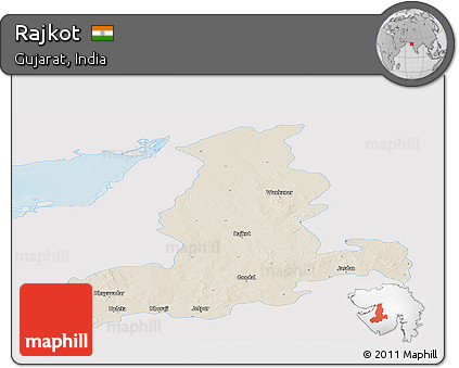 Shaded Relief Panoramic Map of Rajkot, single color outside