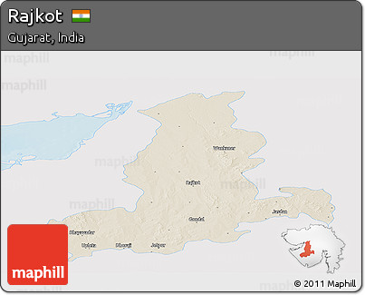 Shaded Relief Panoramic Map of Rajkot, single color outside