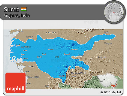 Political 3D Map of Surat, semi-desaturated
