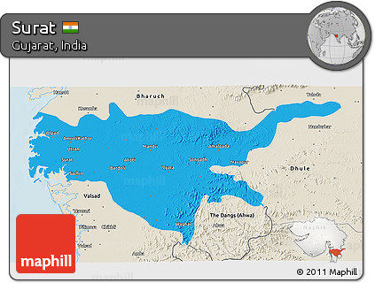 Political 3D Map of Surat, shaded relief outside