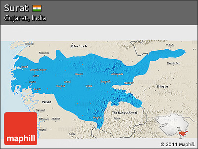 Political 3D Map of Surat, shaded relief outside