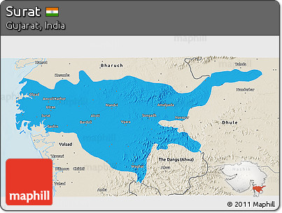 Political 3D Map of Surat, shaded relief outside