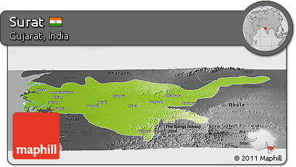 Physical Panoramic Map of Surat, darken, desaturated