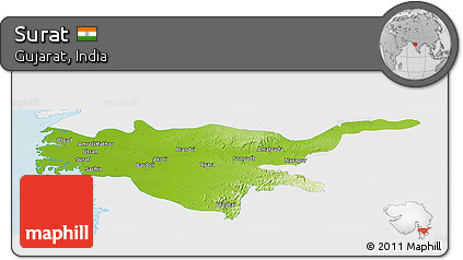 Physical Panoramic Map of Surat, single color outside