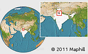 Satellite Location Map of Sonipat, highlighted country, highlighted parent region, within the entire country