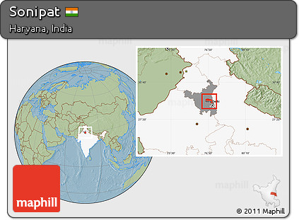 Savanna Style Location Map of Sonipat, highlighted country, highlighted parent region, hill shading