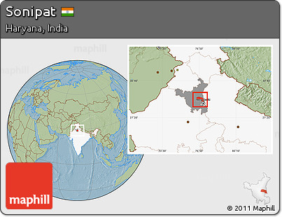 Savanna Style Location Map of Sonipat, highlighted country, highlighted parent region, hill shading