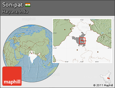 Savanna Style Location Map of Sonipat, highlighted country, highlighted parent region, hill shading