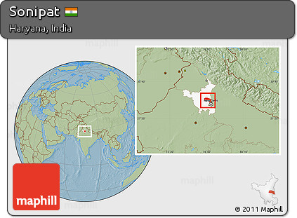 Savanna Style Location Map of Sonipat, highlighted parent region, hill shading