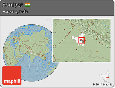Savanna Style Location Map of Sonipat, highlighted parent region, hill shading
