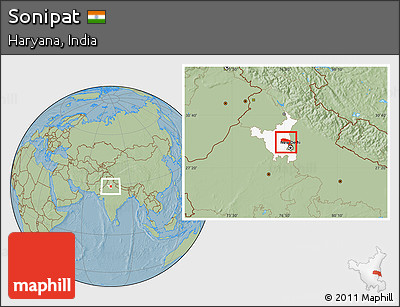 Savanna Style Location Map of Sonipat, highlighted parent region, hill shading