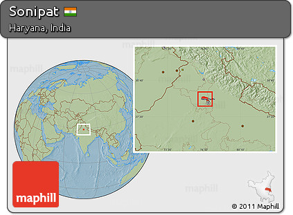 Savanna Style Location Map of Sonipat, hill shading
