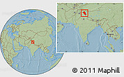Savanna Style Location Map of Ladakh (Leh), within the entire country, hill shading