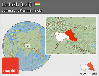 Savanna Style Location Map of Ladakh (Leh), highlighted parent region, hill shading