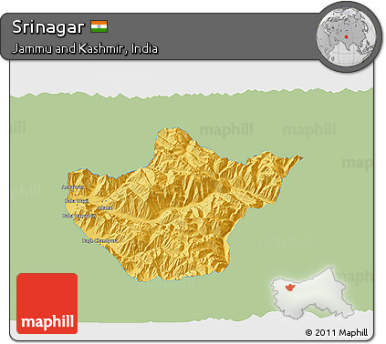 Savanna Style 3D Map of Srinagar, single color outside