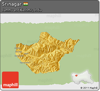 Savanna Style 3D Map of Srinagar, single color outside