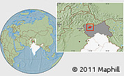 Savanna Style Location Map of Srinagar, highlighted country, highlighted parent region, hill shading