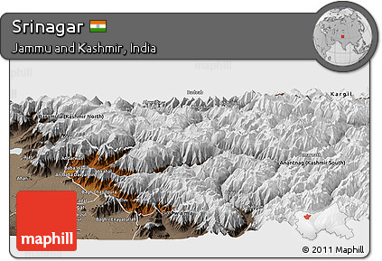 Physical Panoramic Map of Srinagar, semi-desaturated